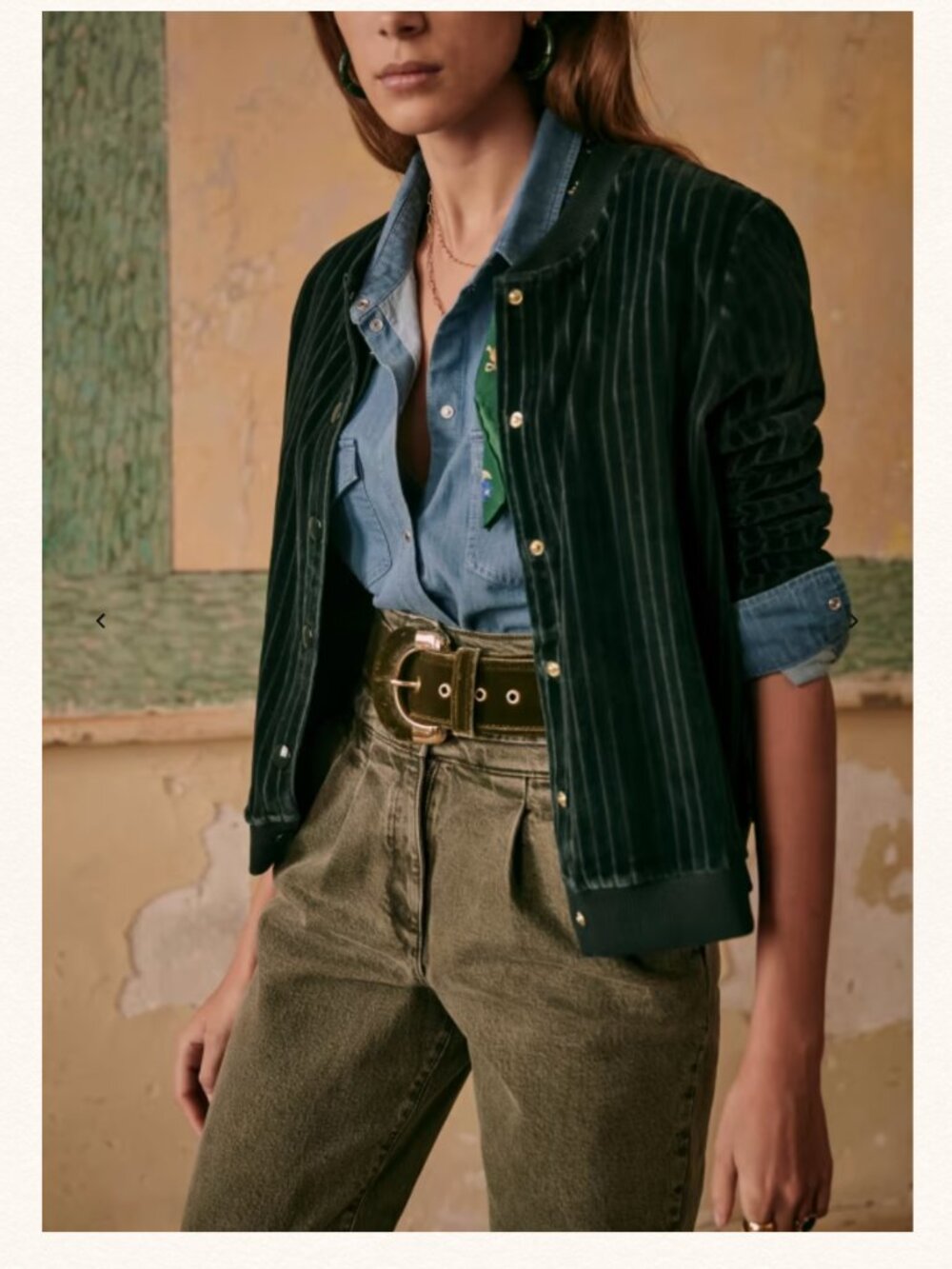 Sezane Dark Green Velvet Button-Front Iris Jacket in Sage 100% Organic Cotton - Picture 2 of 15